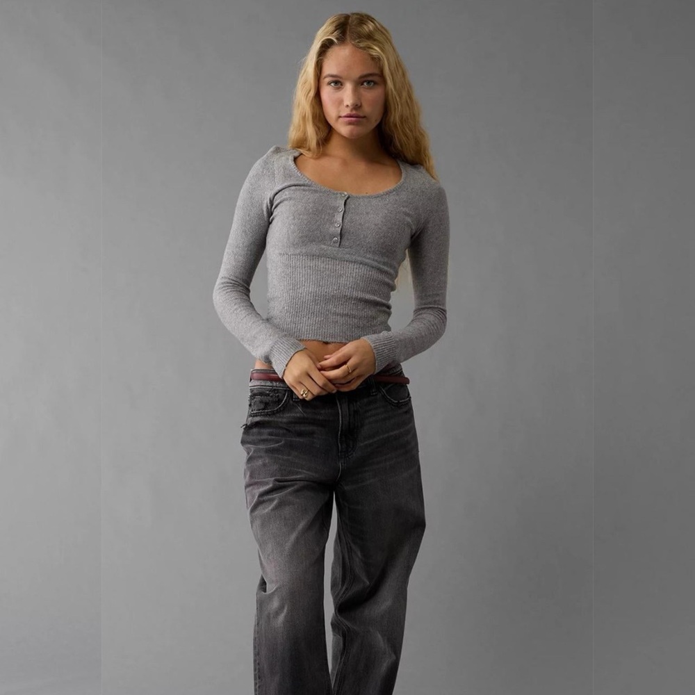 American Eagle Fitted Henley Sweater, Grey, Size XL
